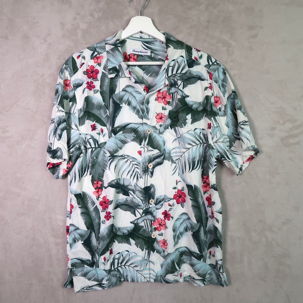 Tommy‎ Bahama Hawaiian Shirt Mens Medium Kauai Canopy Silk Floral Tropical Camp